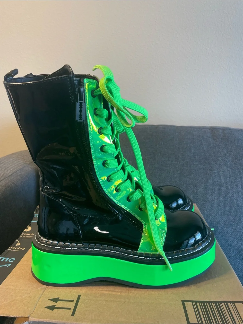 Demonia Women’s Black Lace-Up Platforms with Neon Green Accents